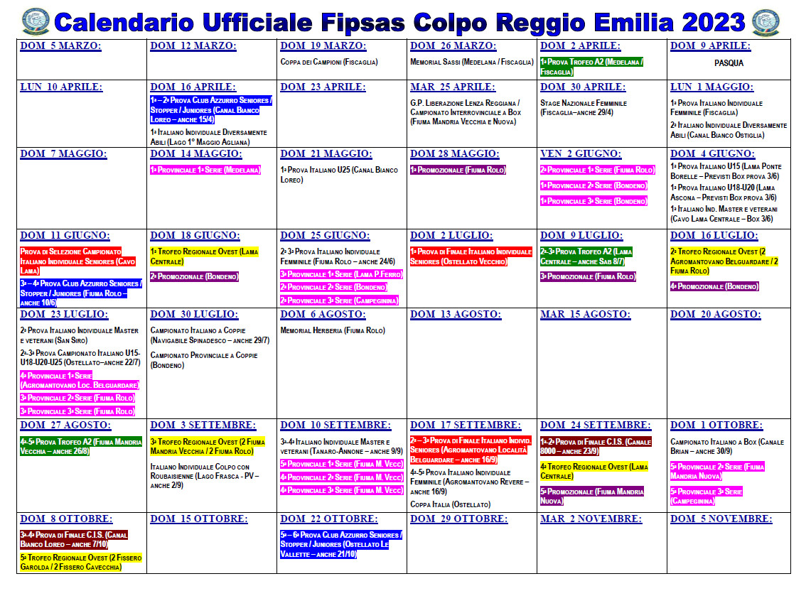 ECCO IL NUOVO CALENDARIO UFFICIALE FIPSAS COLPO REGGIO EMILIA 2023 FIPSAS Reggio Emilia ECCO IL NUOVO CALENDARIO UFFICIALE FIPSAS COLPO REGGIO EMILIA 2023 FIPSAS Reggio Emilia